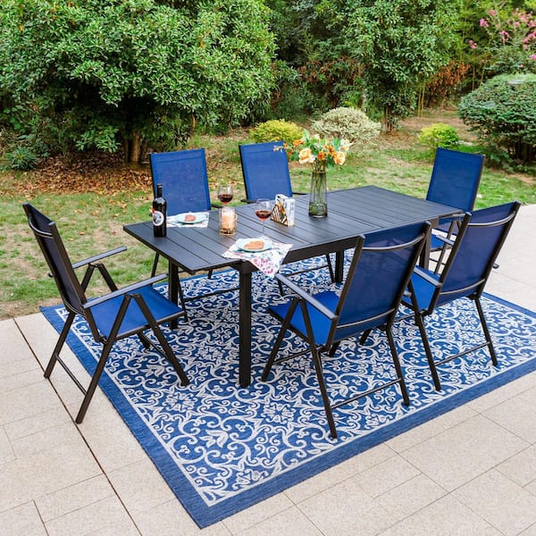 PHI VILLA 7-Piece Metal Patio Outdoor Dining Set with Rectangle Extensible Table and Blue Reclining Folding Sling Chair