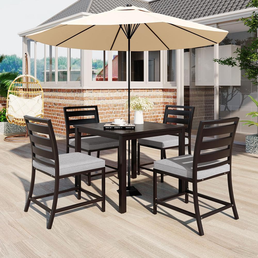 Dark Brown 5-Piece Metal Square Outdoor Dining Set with Gray Cushion and Um