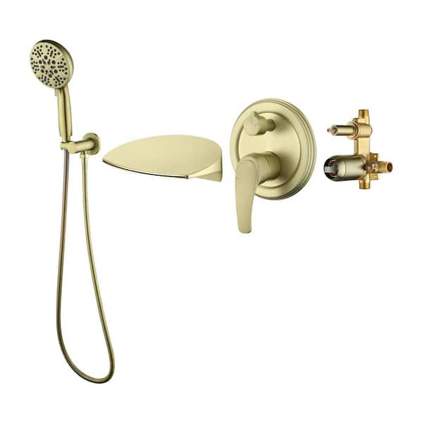 Single-Handle 7-Spray Waterfall 1.8 GPM Roman Tub Faucet with Hand Shower Brass Wall-Mount Bathtub Fillers in Gold