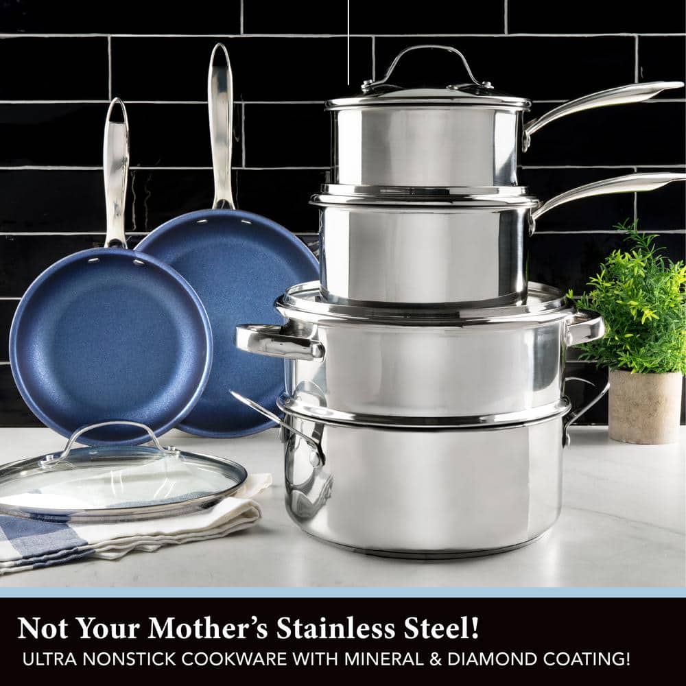 Blue Stainless Steel Nonstick 10" & 11" Fry Pan Set
