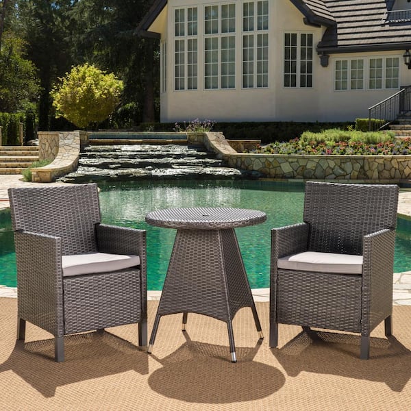 Noble House Cypress 28.35 in. Grey 3-Piece Metal Round Outdoor Dining Set with Light Grey Cushions