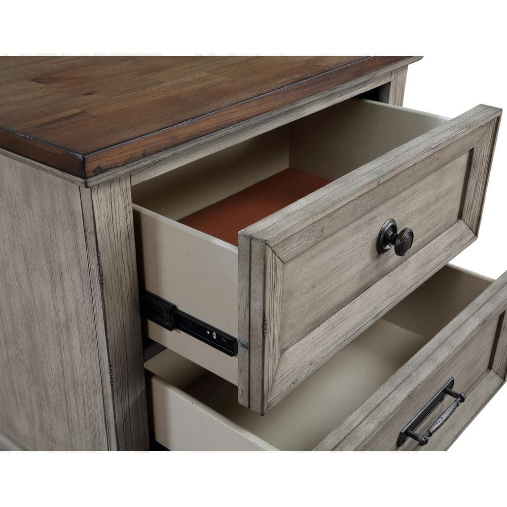 Mariana Vintage Cream and Brown 2-Drawer Solid Wood Nightstand