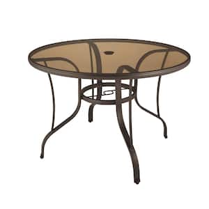 42 in. Mix and Match Steel Round Outdoor Patio Dining Table with Bronze Smoky Glass