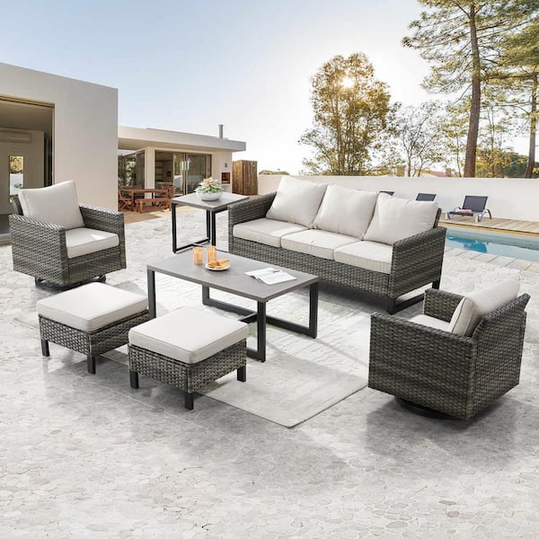 Gymojoy Valenta Gray Wicker 7-Piece Patio Conversation Set with Beige Cushions