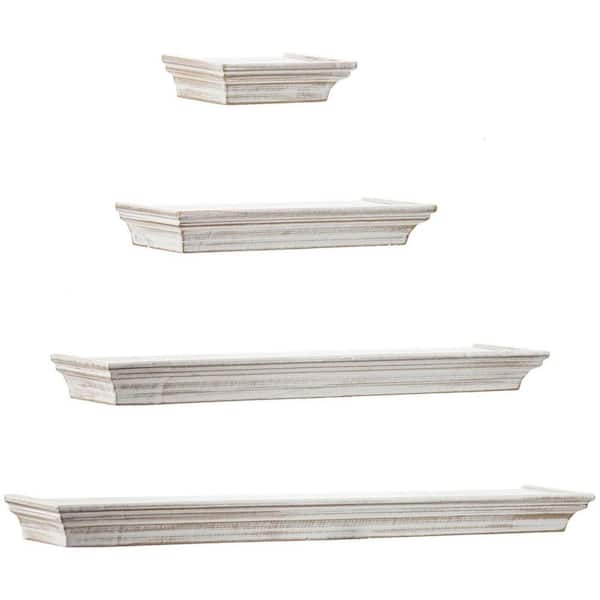 American Art Decor Whitewashed Wood Floating Wall Shelves with Crown Molding - 24 in. W x 3.75 in. D, (Set of 4)
