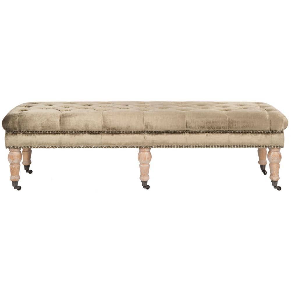 Transitional Tufted Antique Sage Bench with Brass Nail Heads and Oak Legs