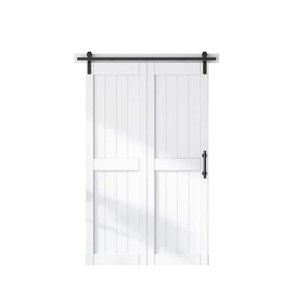SANDING 48 in. x 84 in. MDF Bi-Fold Barn Door with Hardware Kit, Covered with Water-Proof PVC Surface, White, H-Frame