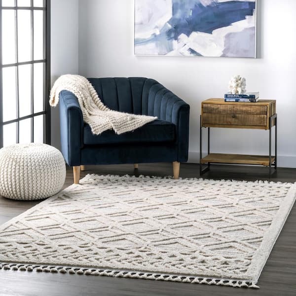 Ansley Textured Lattice Tassel Beige 7 ft. 10 in. x 10 ft. 10 in. Area Rug