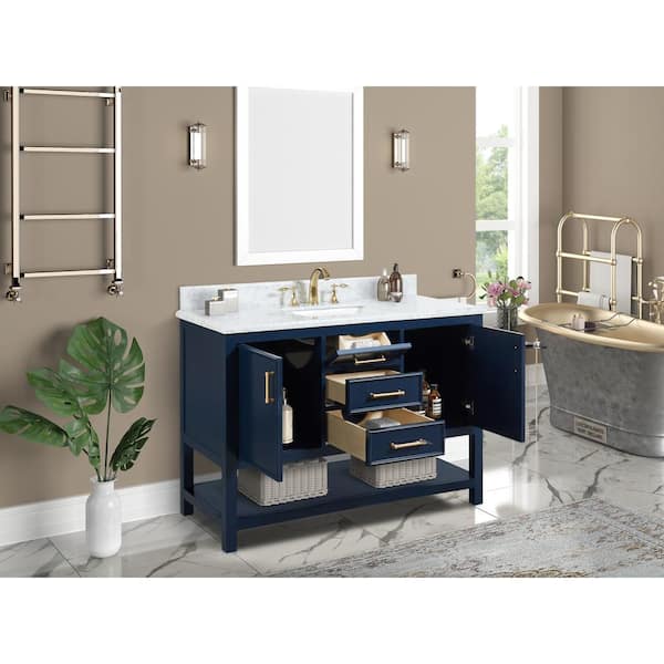 Uptown 48 in. W x 22 in. D x 34.75 in. H Bath Vanity in Navy Blue with Marble Vanity Top in White with White Basin
