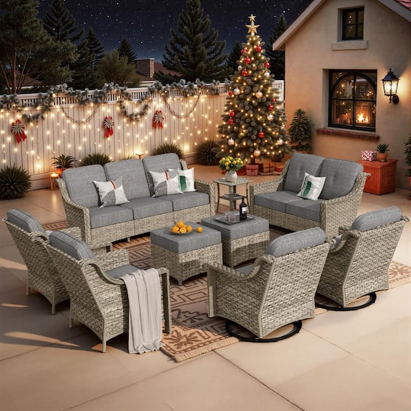 Eureka Gray 9-Piece Wicker Modern Outdoor Patio Conversation Sofa Seating Set with Swivel Chairs and Dark Gray Cushions