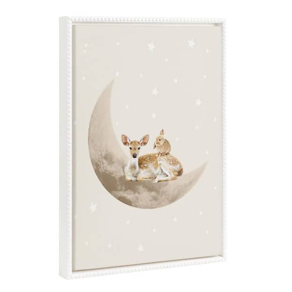 Kate and Laurel Soft Animal Moon Illustration Framed Canvas Wall Art 1-Piece White Framed Canvas Art Print, 18 in. H x 24 in. W