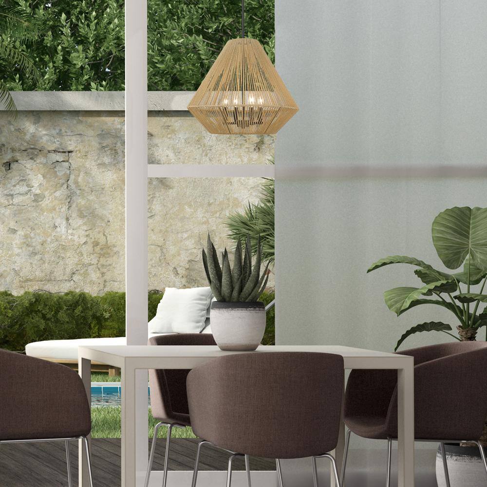 Valentina Black Glass and Natural Raphia 4-Light Pendant