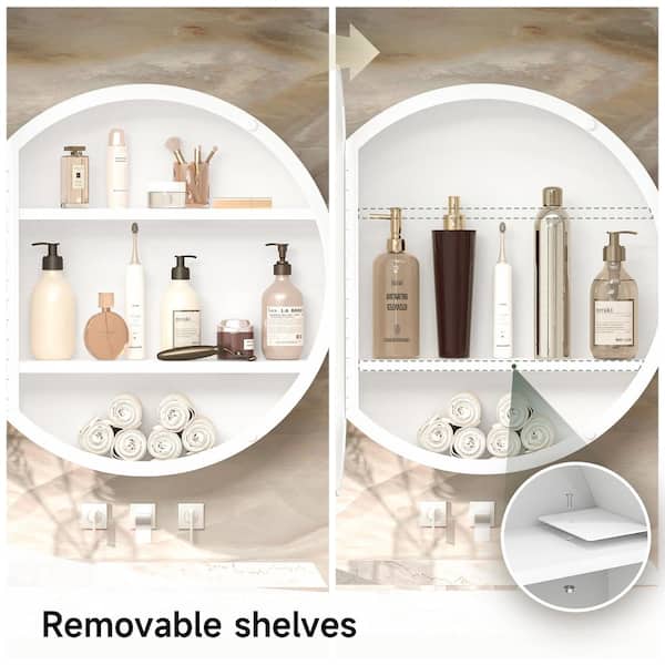 KeonJinn 20 in. W x 20 in. H Round White Metal Framed Recessed/Surface Mount Medicine Cabinet with Mirror