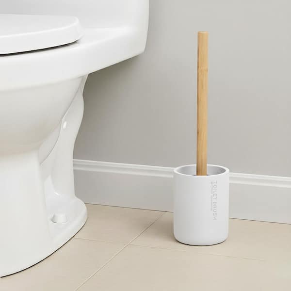 Pure Matte White Toilet Brush Set with Natural Bamboo Handle - Polyresin Bathroom Essential