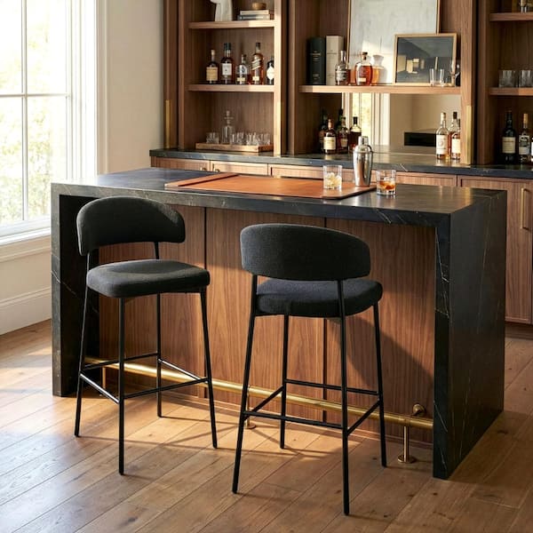 Bennett Black Boucle Upholstered Fabric Bar Stool with Black Iron Legs, Set of 2