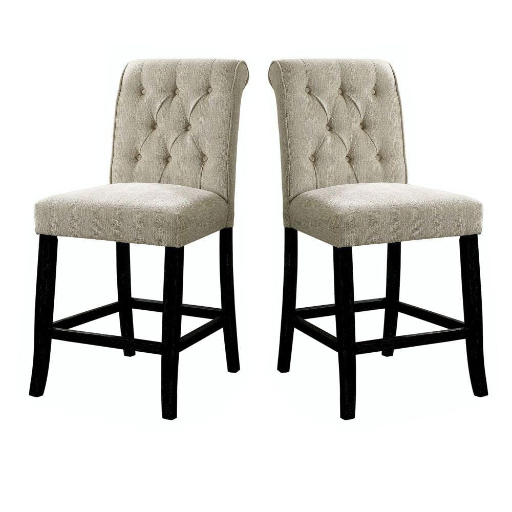 Ivory Cream Chenille and Bold Black Wooden Counter Height Chair, Set of 2