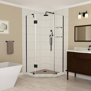 Merrick GS 34 in. to 34.25 in. x 72 in. Frameless Hinged Neo-Angle Shower Door with Glass Shelves in Matte Black
