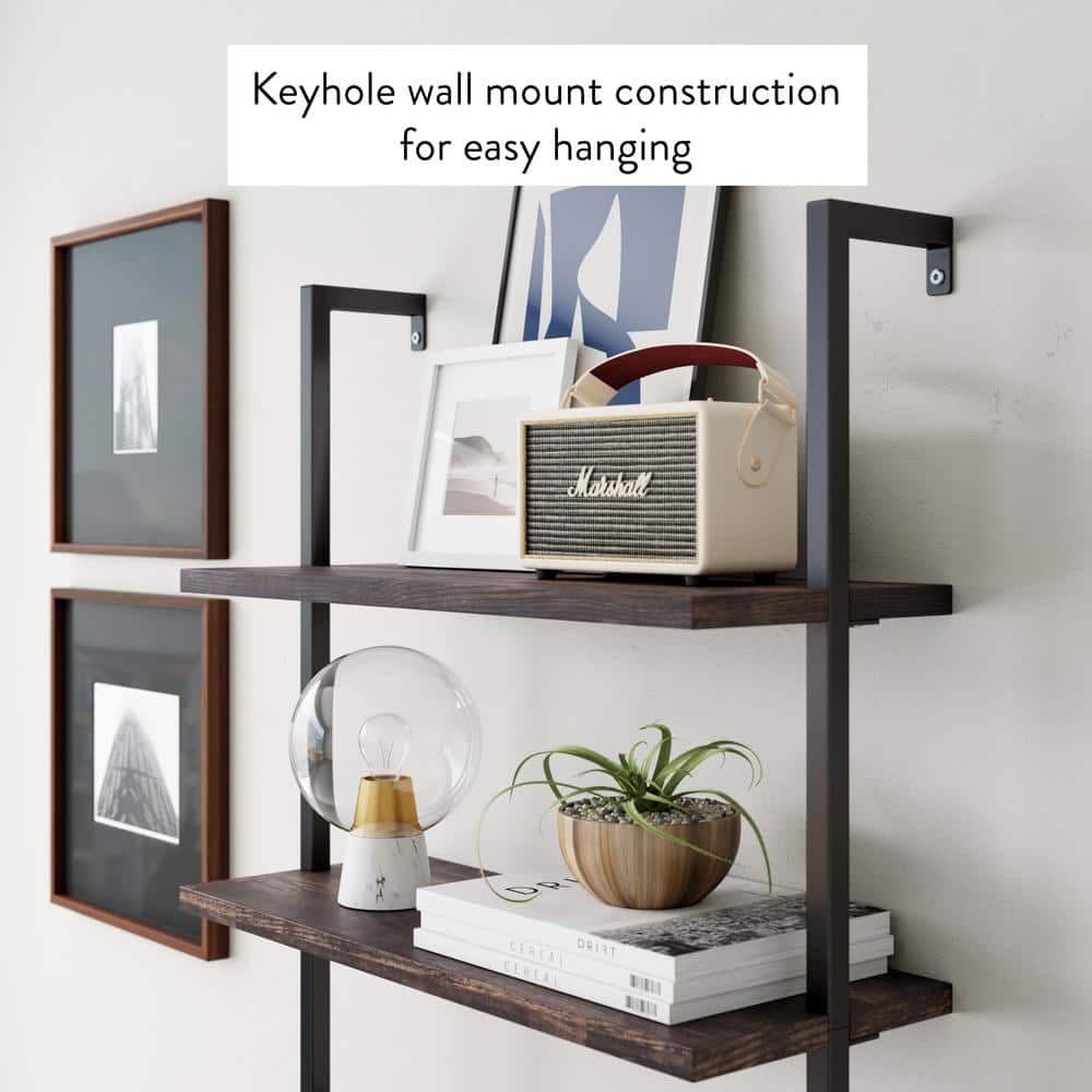 Nutmeg and Matte Black 42" Wood and Metal Floating Wall Shelf