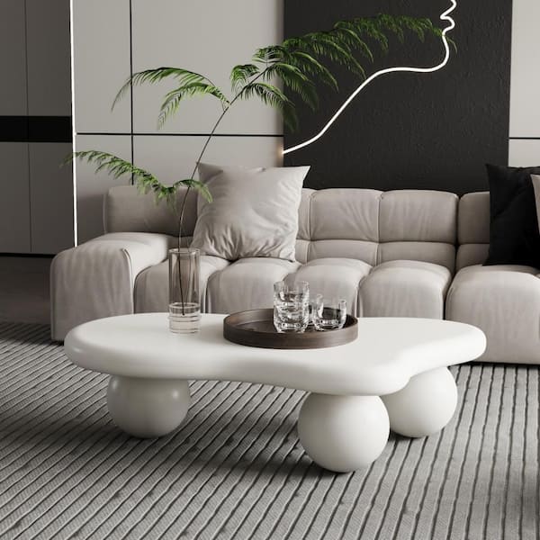 40 in. White Oval Cloud Shaped MDF Coffee Table with 3 Ball Legs