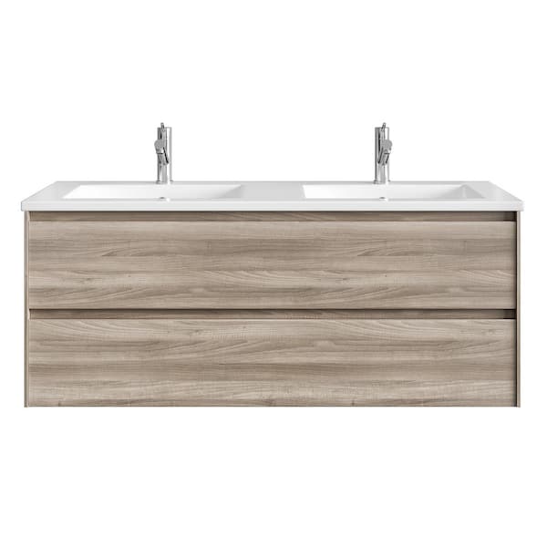 Eviva Bloom 48 in. W x 18 in. D x 34 in. H Double-Sink Floating Bath Vanity in Walnut with White Porcelain Top