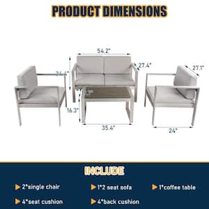 4-Piece Outdoor Aluminum Modern Sofa Seating Group Patio Conversation Set with Gray Cushions