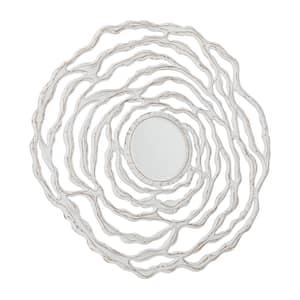 45 in. x 45 in. Carved Round Framed White Floral Wall Mirror with Cutout Design