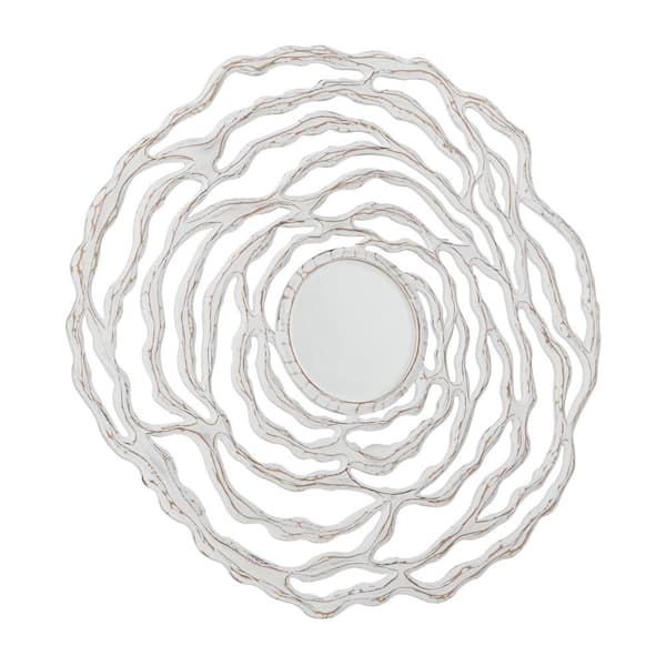 45 in. x 45 in. Carved Round Framed White Floral Wall Mirror with Cutout Design