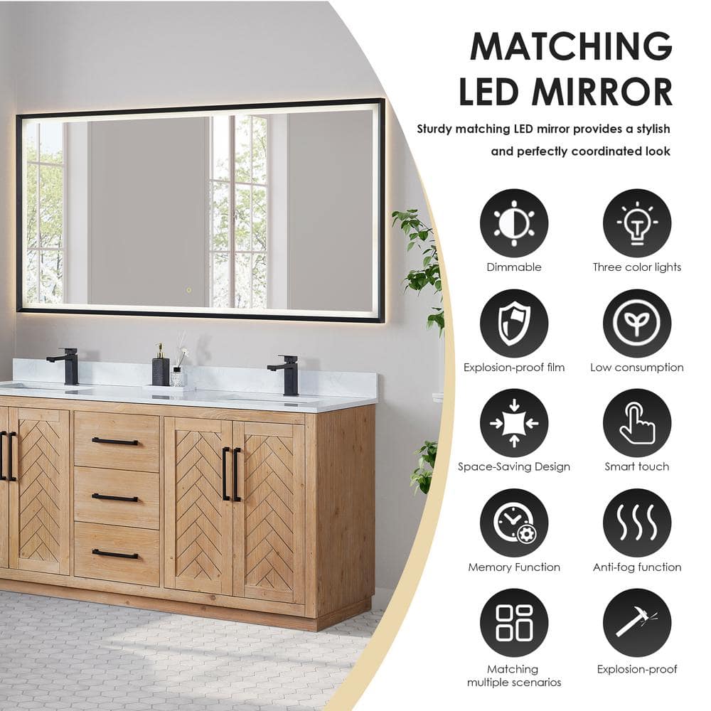 Anais 72" Light Brown Fir Wood Vanity with White Stone Top and Mirror