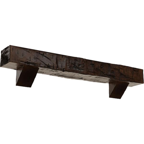 Ekena Millwork 6 in. x 6 in. x 3 ft. Hand Hewn Faux Wood Fireplace Mantel Kit with Breckinridge Corbels, Premium Aged