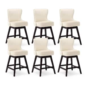 Zola 26 in. Off-White Wood Frame Counter Bar Stool Fabric Upholstered Swivel Bar Stool Set of 6