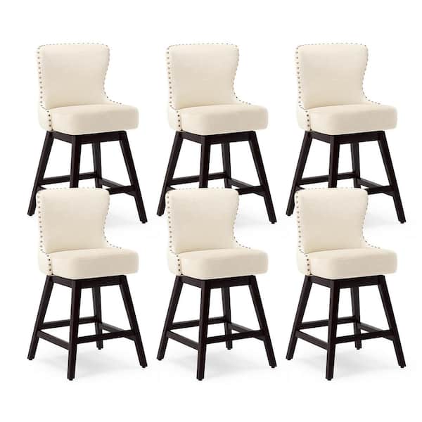 OrangeOne Zola 26 in. Off-White Wood Frame Counter Bar Stool Fabric Upholstered Swivel Bar Stool Set of 6