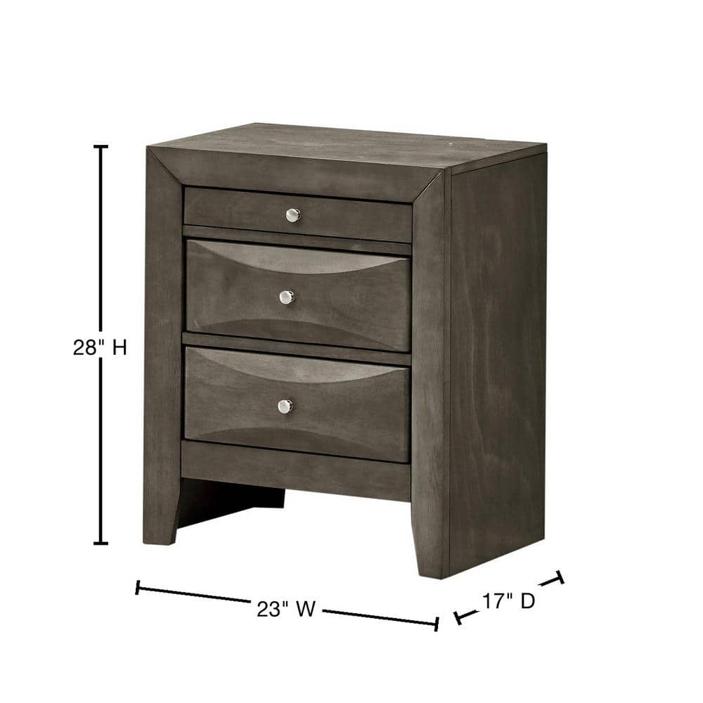 Gray Wood Veneer 3-Drawer Nightstand