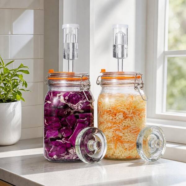 Wudkey 2-Pack Clear Glass Fermentation Jar, Liter Glass Fermenting Jar with Fermenting Weights and Airlocks