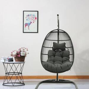 43.3 in. Black Iron Collapsible Patio Swing Chair with Gray Cushions