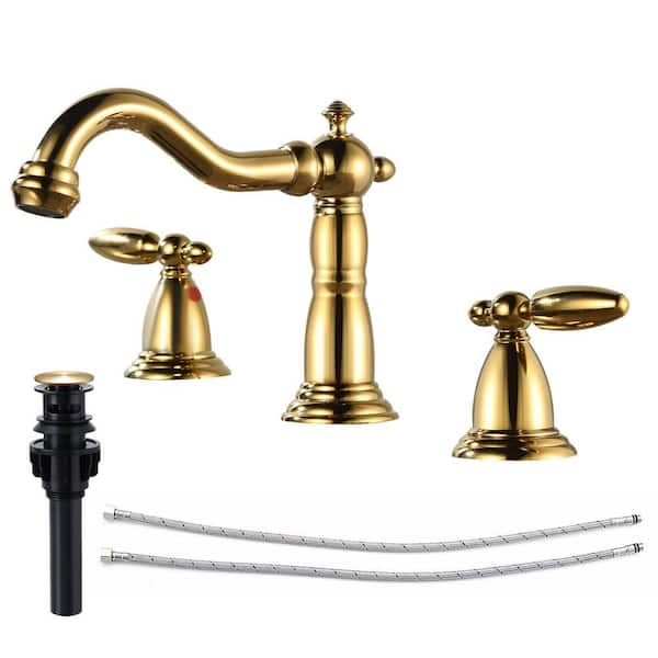 Double handle 8 in. Widespread Bathroom Faucet 3-Hole Bathroom Sink Faucet in Polish Gold