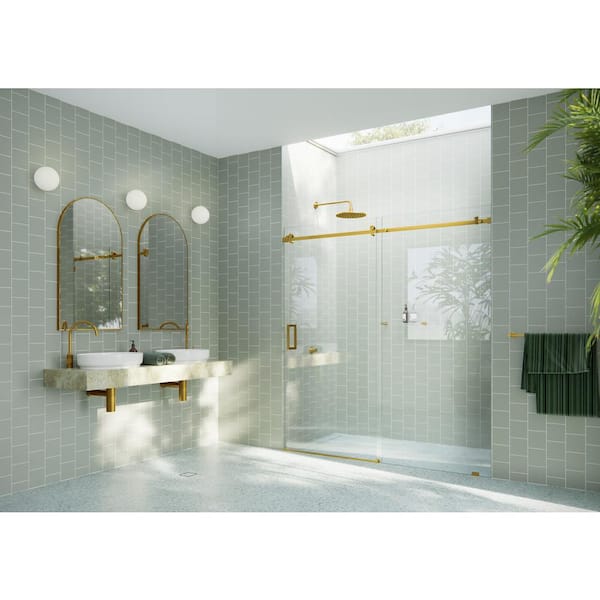 Glass Warehouse 68 in. W x 78 in. H Sliding Frameless Shower Door with Square Hardware in Satin Brass