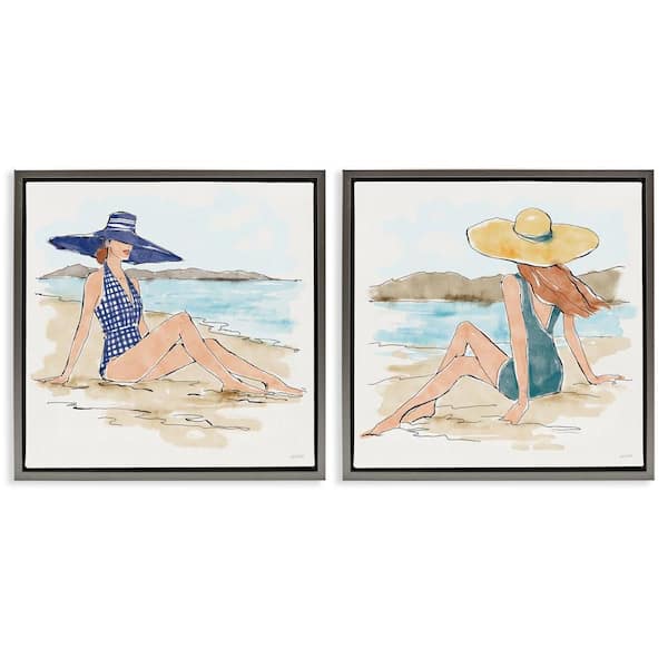 Stupell Industries Bathing Beauties on Beach by Anne Tavoletti 2 Pieces Gray Floater Frame People Graphic Art Print 25 in. x 25 in.