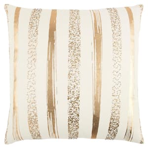 Ivory/Gold Striped Printed Foil Seed Beaded Embellishments Cotton Poly Filled 20 in. x 20 in. Decorative Throw Pillow