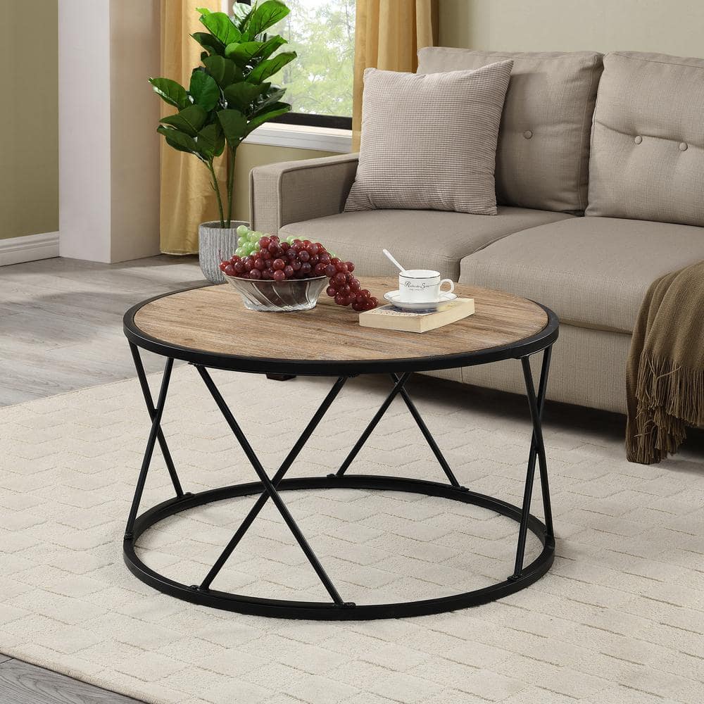 URTR 35.04 in. W Natural Light Brown Small Round Wood Coffee Table with Metal Frame for Living Room, Office, Bedroom