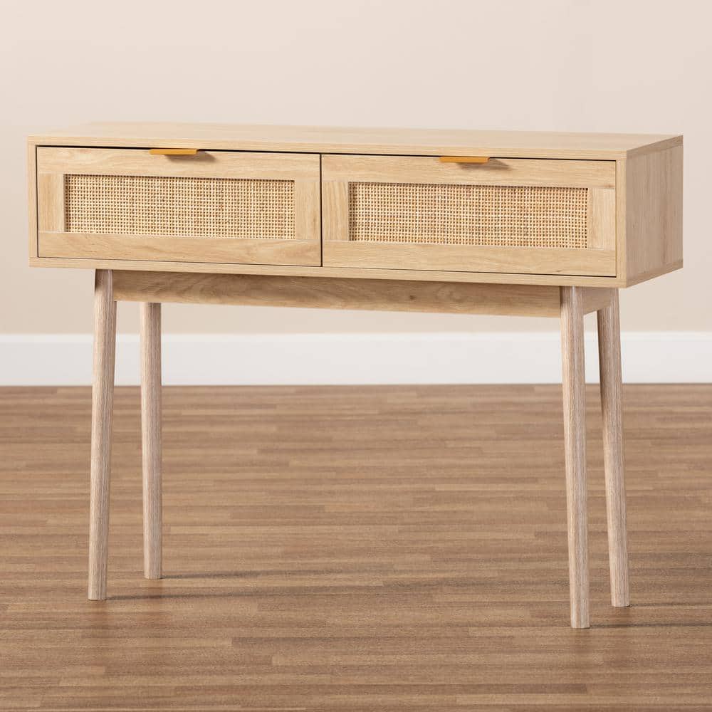 Light Oak Brown Wood and Rattan 2-Drawer Console Table