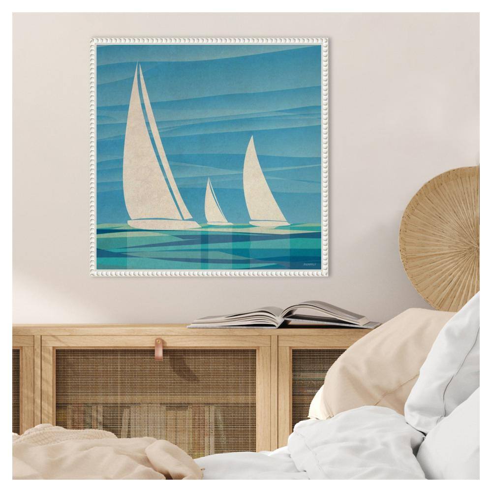 Teal Waters Sailing Boat Canvas Print with Beaded Frame