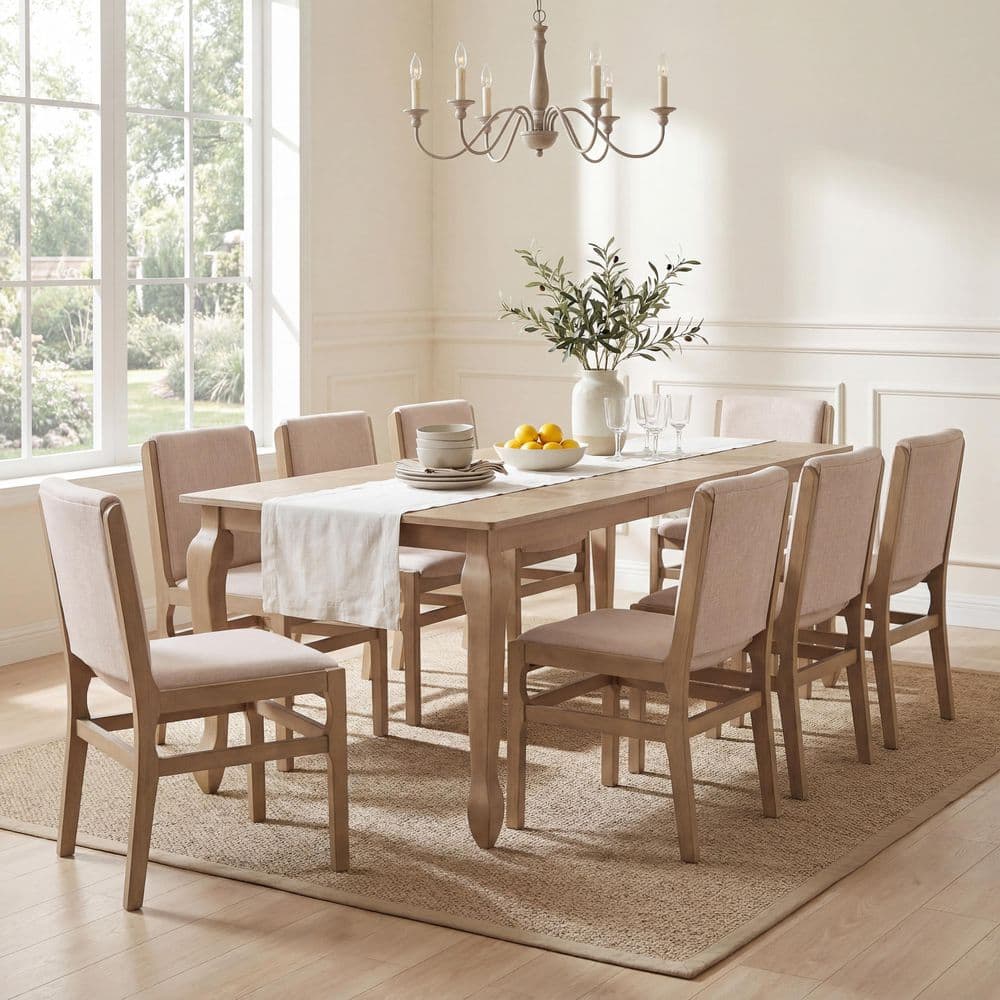 Rhoda 9-Piece Wood Dining Set with Beige+Light Natural Upholstered Dining Chairs, Expandable Dining Table, Seats 8