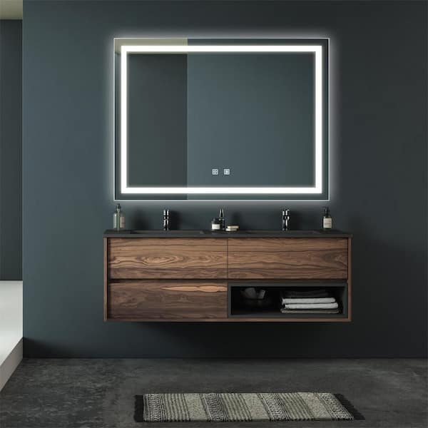 WELLFOR 48 in. W x 36 in. H Rectangular Frameless Dimmable Anti-Fog Wall-Mounted Bathroom Vanity Mirror