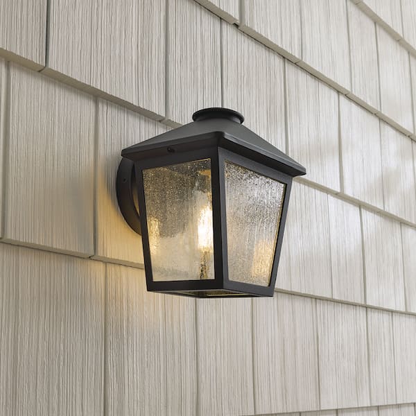 Malena 7.83 in. Black Outdoor Hardwired Wall Lantern Sconce with Clear Seeded Glass and No Bulb Included