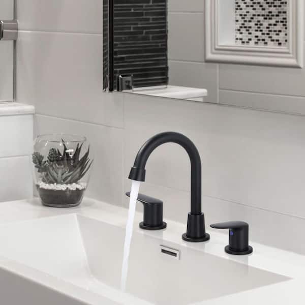 8 in. Widespread Double Handle Bathroom Faucet with Drain Kit Inclued in Matte Black