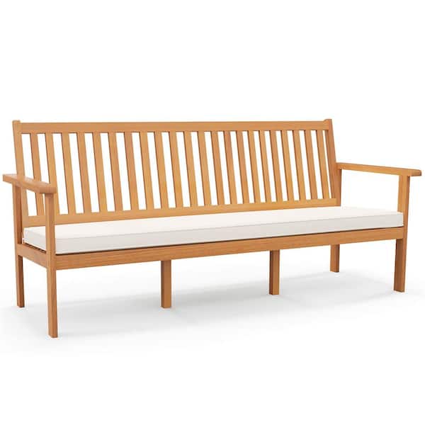 Costway 3-Person Wood Outdoor Bench with Off White Seat Cushion