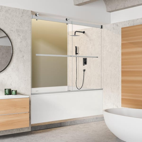 Altair Marcelo 60 in. W x 58 in. H Sliding Frameless Tub Door in Brushed Nickel Finish with Clear Glass