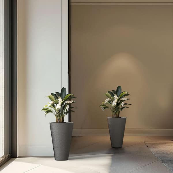 Sapcrete Large and Tall 13 in. H Round Charcoal Black Plastic Planter Pots for Indoor/Outdoor Plants Set of 2