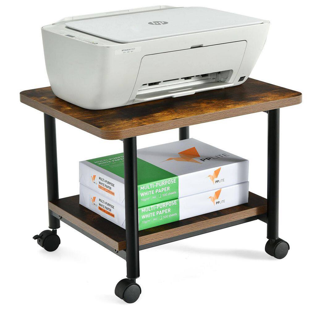 Brown 2-Tier Rolling Under Desk Printer Stand with Storage Shelves
