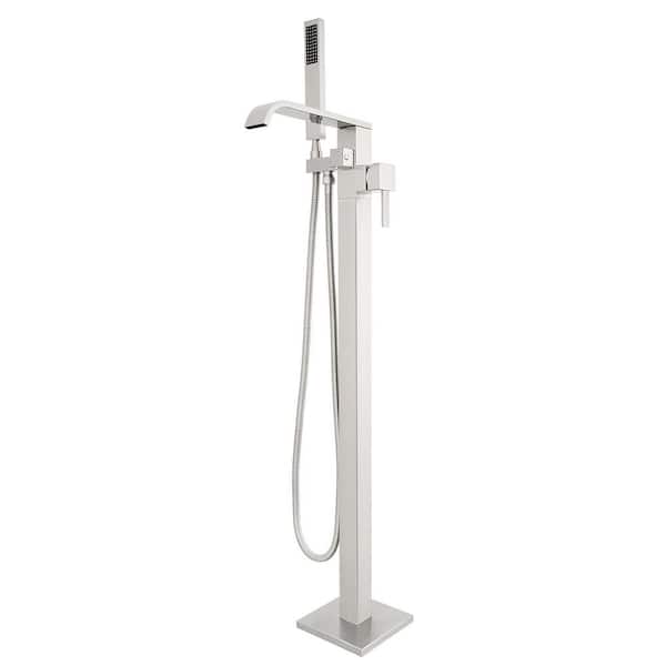 Akicon Single-Handle Freestanding Floor Mount Tub Faucet Bathtub Filler with Hand Shower in Brushed Nickel